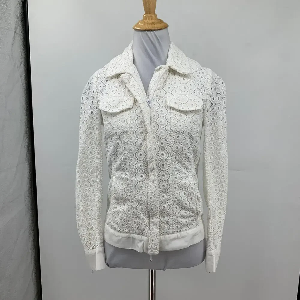 Anne Fontaine Jacket Womens 36 White Ugoline Casual Eyelet Overlay Full Zip Crop